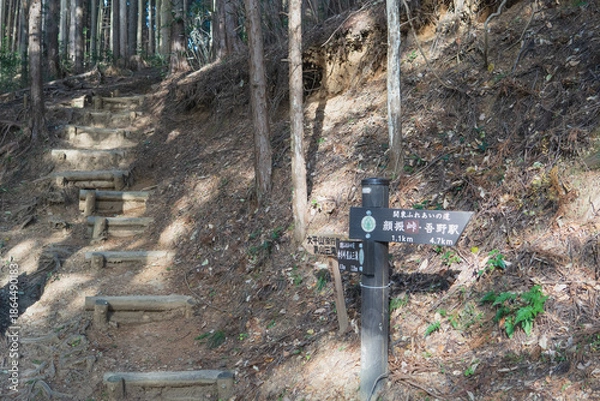 Obraz 日本：関東ふれあいの道の道標と土留の階段【顏振（かあぶり）峠・傘杉峠】埼玉県越生町・1月