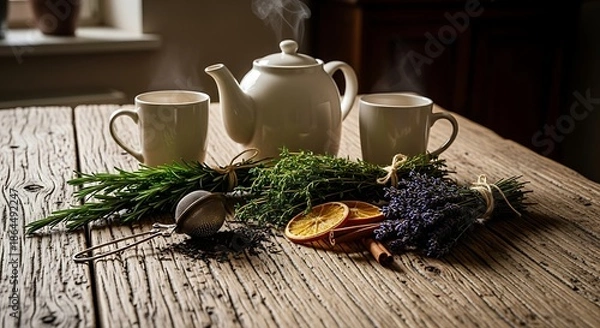 Obraz Rustic Herbal Tea Setup: Steaming Pot, Mugs, Herbs & Spices