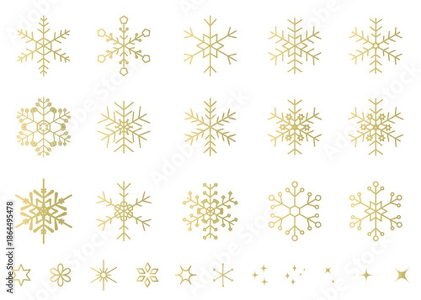 Fototapeta ゴールドの雪の結晶のイラストセット　ベクター背景素材　キラキラ素材