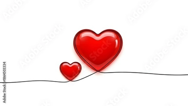 Obraz Two shiny red hearts on a thin black line on white background
