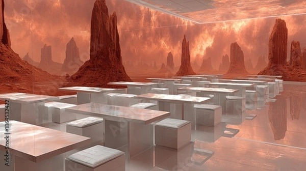 Obraz Alien Desert City With Red Sky And White Structures