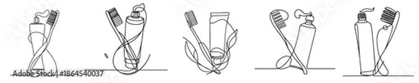 Fototapeta toothpaste and toothbrush vector continuous line style