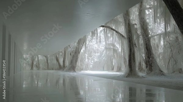 Obraz Empty White Modern Architecture Corridor With Trees