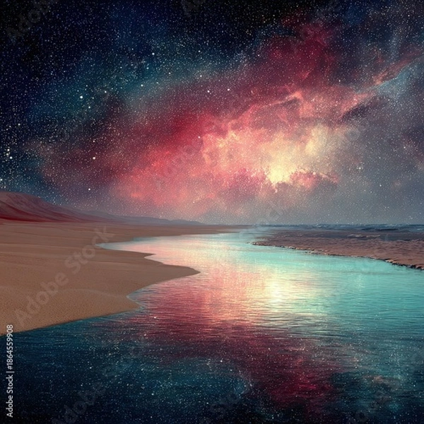 Obraz Starry Night Beach Scene With Colorful Reflection