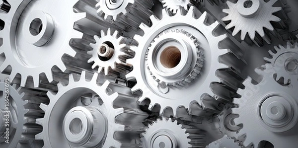Obraz Complex Interlocking Gears In White Metal