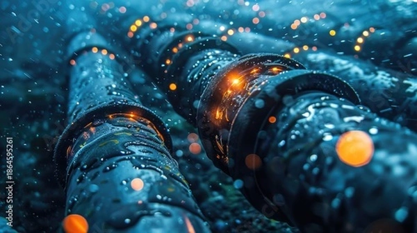 Obraz Underwater fiber optic cable glowing with fast moving data lights
