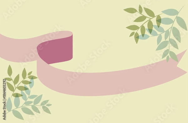 Obraz ナチュラルピンクのリボンとグリーンリーフの重なったボタニカルな背景素材