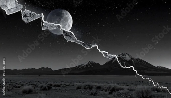 Obraz Dramatic Lightning Strike Over Mountain Landscape Under Full Moon.