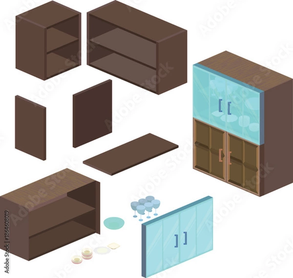 Obraz 箱庭キャビネットのイラスト素材 - アイソメトリックなお部屋の家具セット