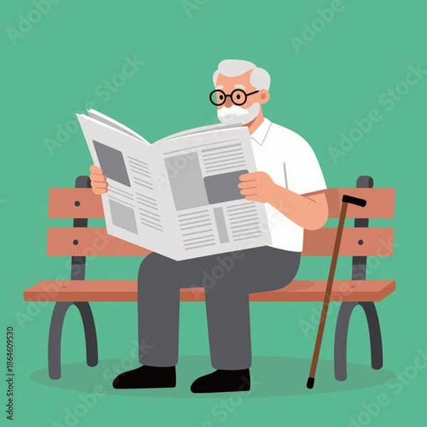 Obraz Elderly Man Reading Newspaper on a Park Bench