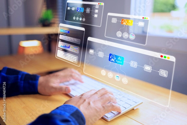 Obraz AI agent concept with user using software node coding work flow process multi step to combine working platform such as automatic reply email