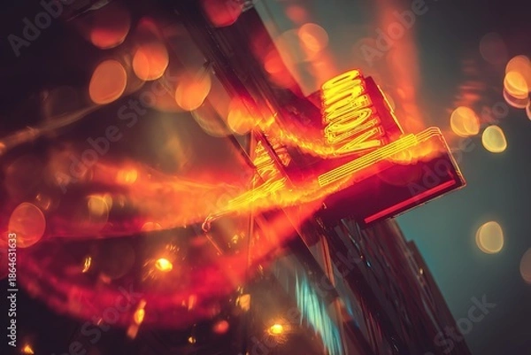 Obraz Red neon glowing abstract elements tech light art scene
