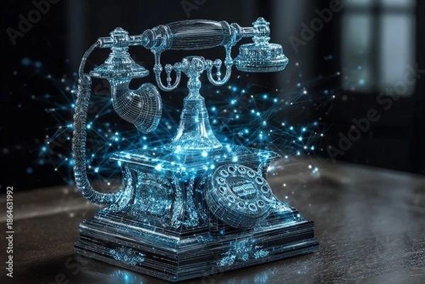 Obraz Glowing wireframe vintage telephone - communication tech fusion with tech network node background
