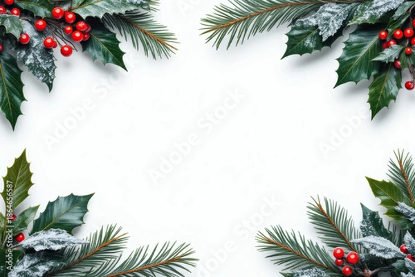 Obraz Snow covered pine and holly border horizontal layout