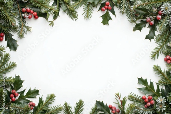 Obraz Winter evergreen foliage frame on clean white background