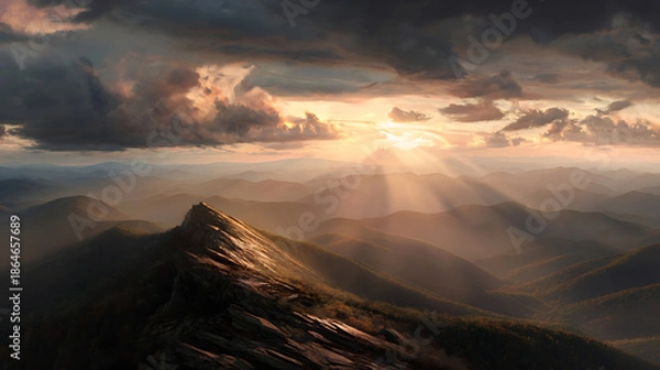 Obraz Sun Rays Breaking Through Clouds Over Mountain Ridge