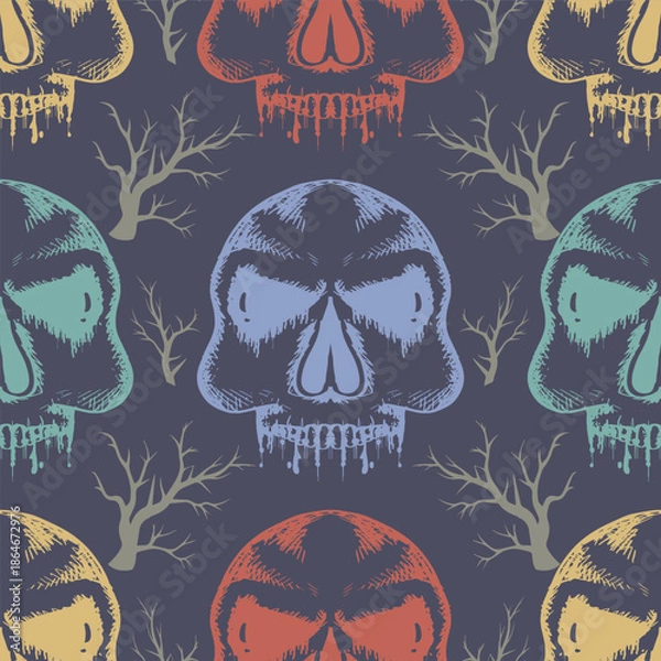 Obraz Seamless pattern with skulls and dead trees. Vector illustration.