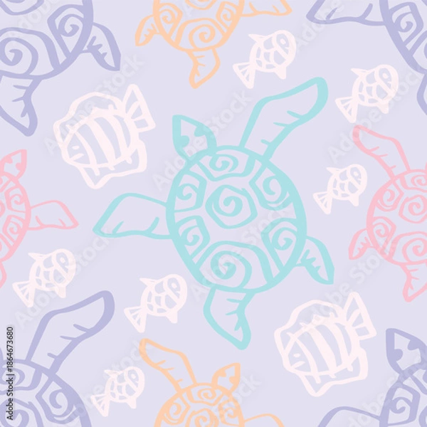 Obraz Seamless vector pattern with sea turtles. Marine background with turtles.