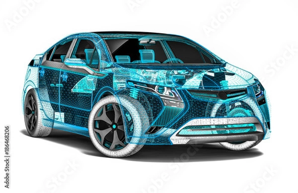 Fototapeta wire frame car / 3D render image of a car in wire frame representing developing of the car 