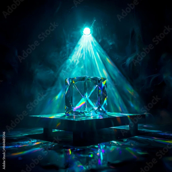Fototapeta Deep Blue Light Ray Diffused Through Glass Pyramid Structure 3D Render