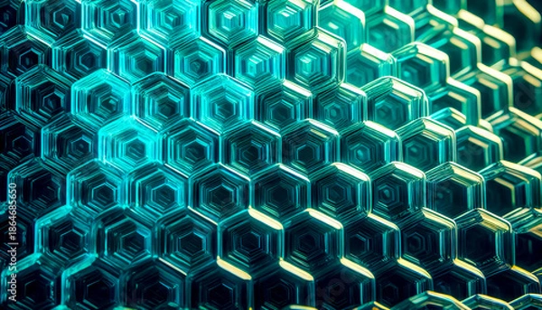 Fototapeta Emerald Green and Teal Glowing Hexagonal Pattern 3D Backdrop