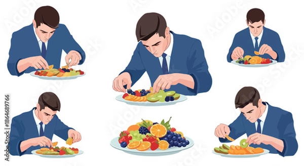 Obraz Man preparing fruit plate with focused expression