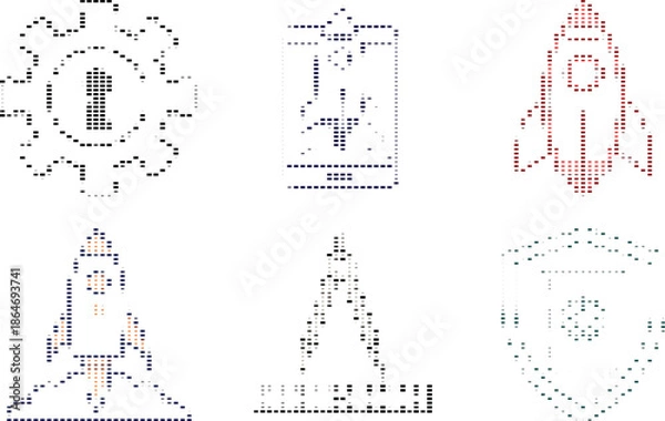 Fototapeta Technology Icons Set Featuring Rocket, Gear, And Shield Design