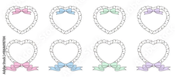 Obraz フリルとリボンのハートフレームのベクターイラストセット