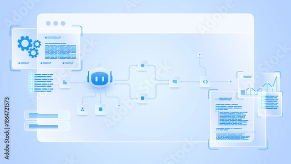Obraz AI workflow automation artificial intelligence. ai agent workflow diagram dashboard machine learning showing node input, processing step, ai model and process flow.