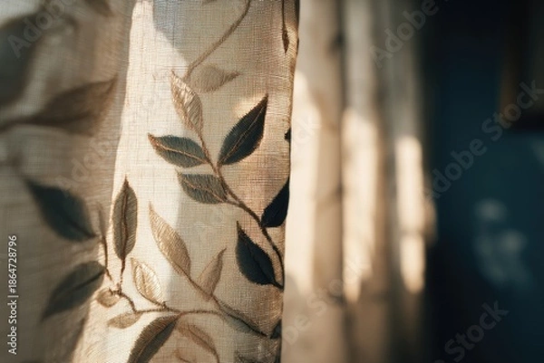 Obraz Translucent curtains softly illuminated, showcasing elegant leaf