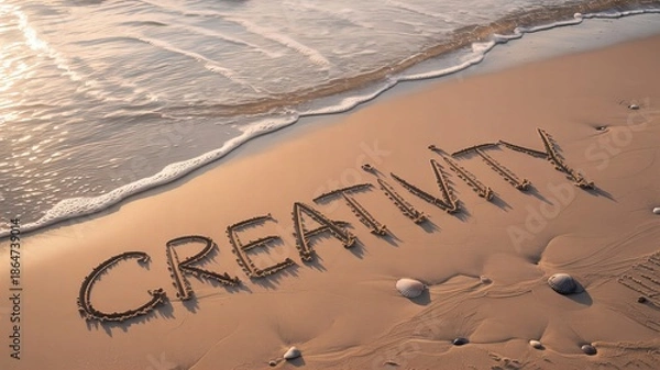 Obraz work creativity written in beach sand