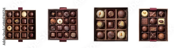 Obraz Four rectangular chocolate boxes filled with various assorted chocolates are displayed ideal for design projects on transparent background