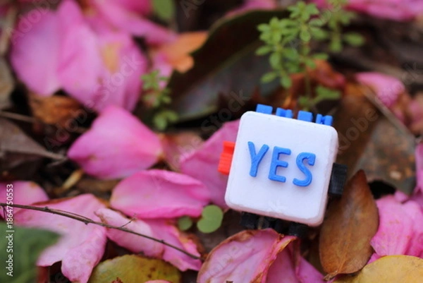 Obraz YESの文字が書かれたキューブと自然の背景