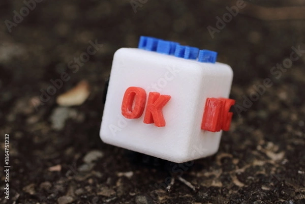 Obraz 森で見つけたOKの文字が書かれたキューブ