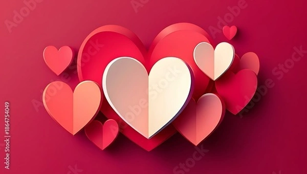Obraz Paper Cut Heart Composition on Red Background