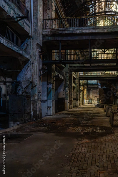 Obraz Abandoned factory interior with overhead platforms