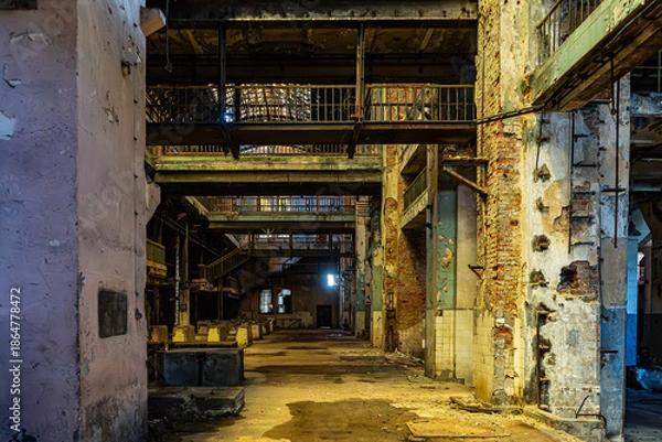 Obraz Large derelict factory hall interior perspective