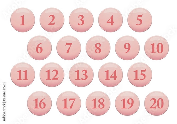 Fototapeta 立体感のあるピンク色の丸の数字アイコンセット。1〜20。白背景にベクターイラスト。