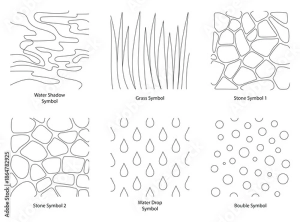 Fototapeta Landscape Architecture CAD Vector Patterns Set. Grass, Water, Stone, Wall, and Texture Elements