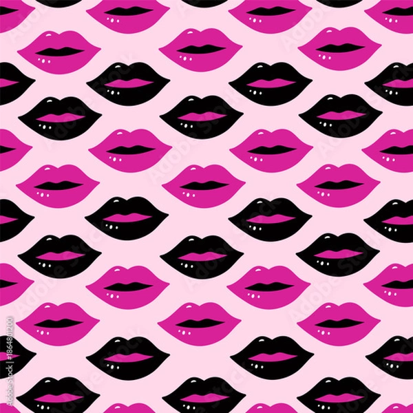 Obraz Seamless pattern with pink and black lips. Vector graphics.