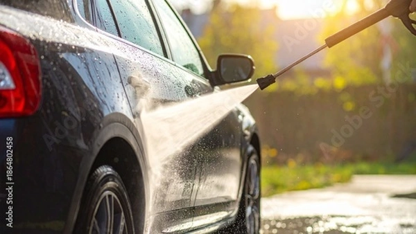 Obraz 高圧洗浄機で車を洗う洗車作業のイメージ