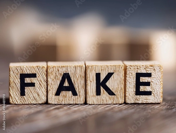 Fototapeta 木製ブロックにFAKEの文字が並び情報の真偽やフェイクニュースへの注意を示すコンセプトイメージ