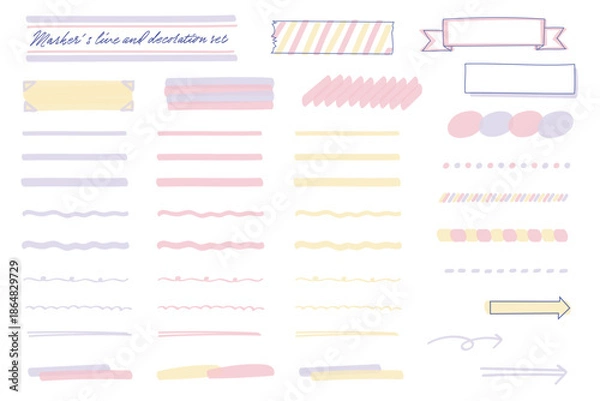 Obraz 紫・黄色・ピンクのミルキーなカラーのラインマーカーとボールペンで描いたようなフレームとラインのセット