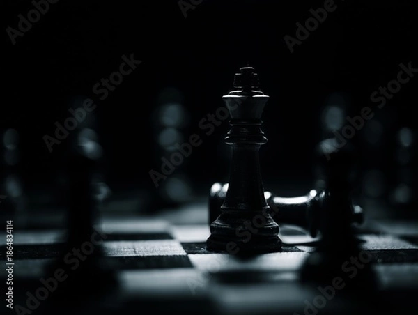 Obraz Black chess king standing on chessboard under dramatic light