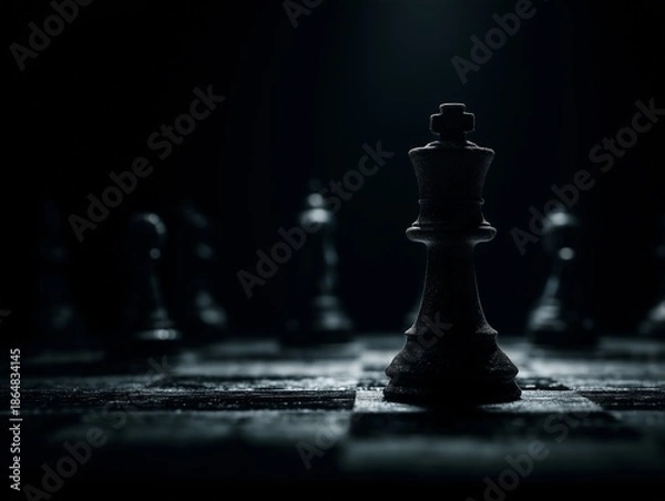 Obraz Black chess king standing on chessboard under dramatic light