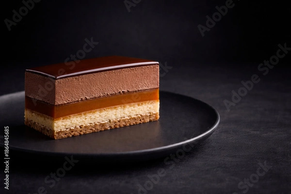 Obraz 黒いプレートに置いたキャラメルとチョコレートのムースケーキ
