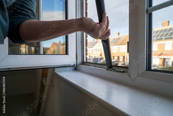 Obraz Spring home cleaning. Man vacuums plastic window frame.