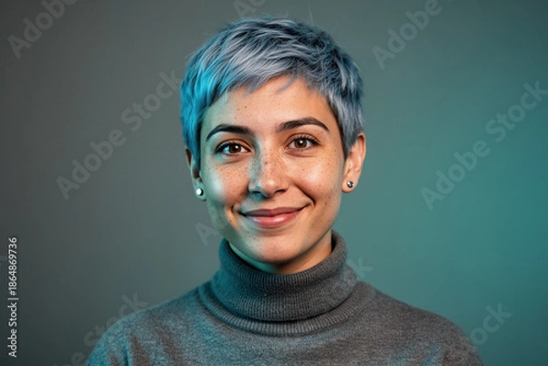 Fototapeta Non-binary UX designer headshot, graphite-teal gradient background.