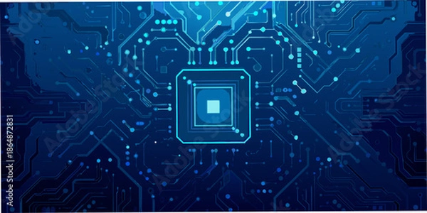 Obraz Abstract blue circuit board pattern with a central glowing square element