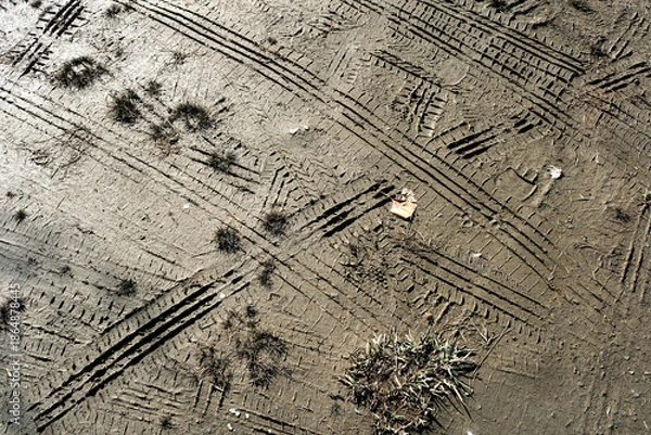 Obraz 土の上のタイヤ痕